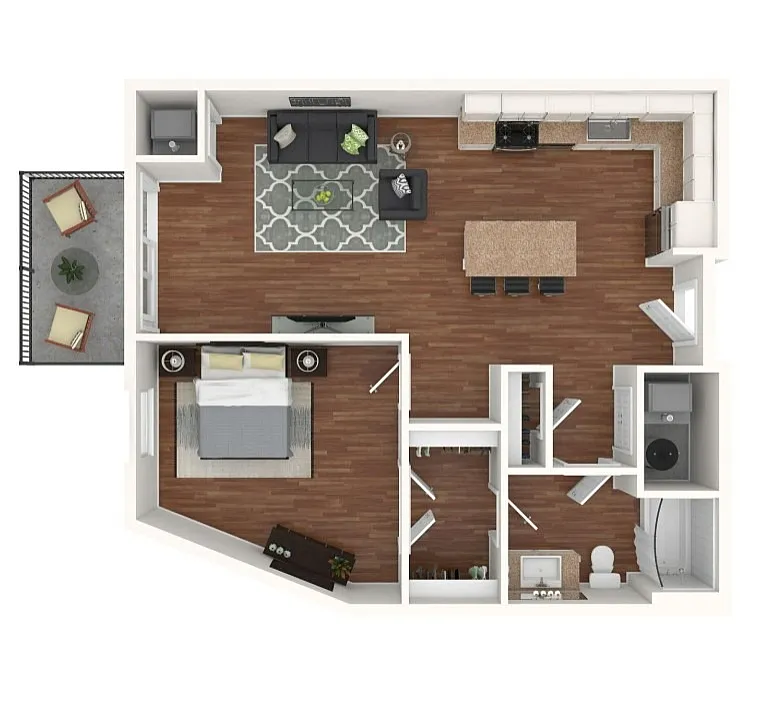 Modern 1-bedroom apartment floor plan with open-concept kitchen, cozy living area, stylish bathroom, and inviting balcony space.