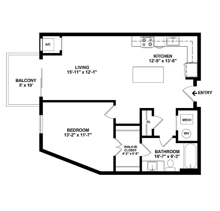 Elegant 1-bedroom floor plan with open living area, modern kitchen, walk-in closet, and private balcony.
