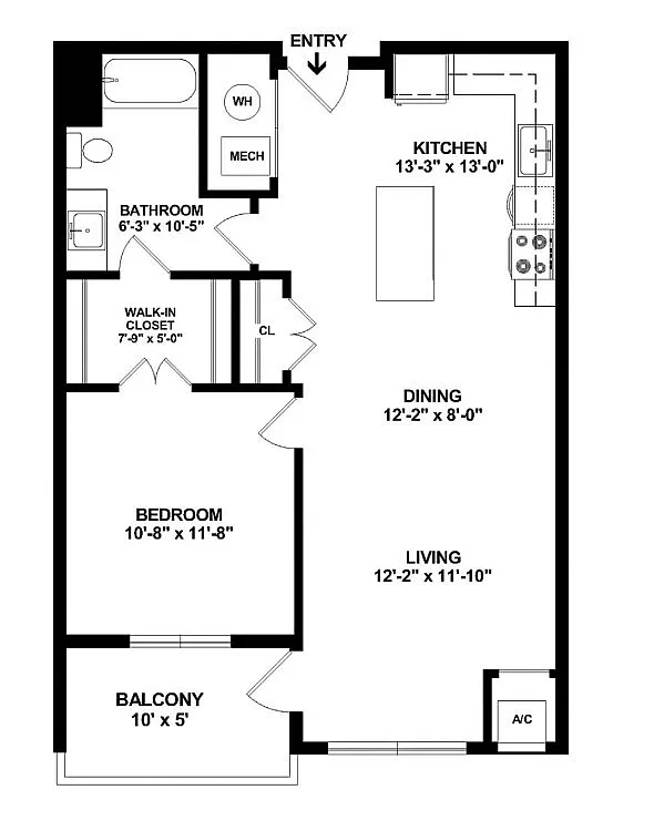 Modern 1-bedroom floor plan with a spacious kitchen, dining area, and inviting living room. Includes a walk-in closet, cozy balcony, and well-appointed bathroom.
