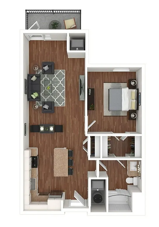 Modern floor plan featuring an elegant one-bedroom layout with an open-concept living and dining area, stylish kitchen with island, cozy balcony, and sleek bathroom.