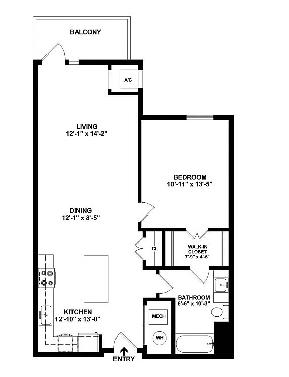 Modern floor plan showcasing an open living and dining area with a balcony, one bedroom, and a spacious kitchen. Includes a walk-in closet and a full bathroom for added luxury.