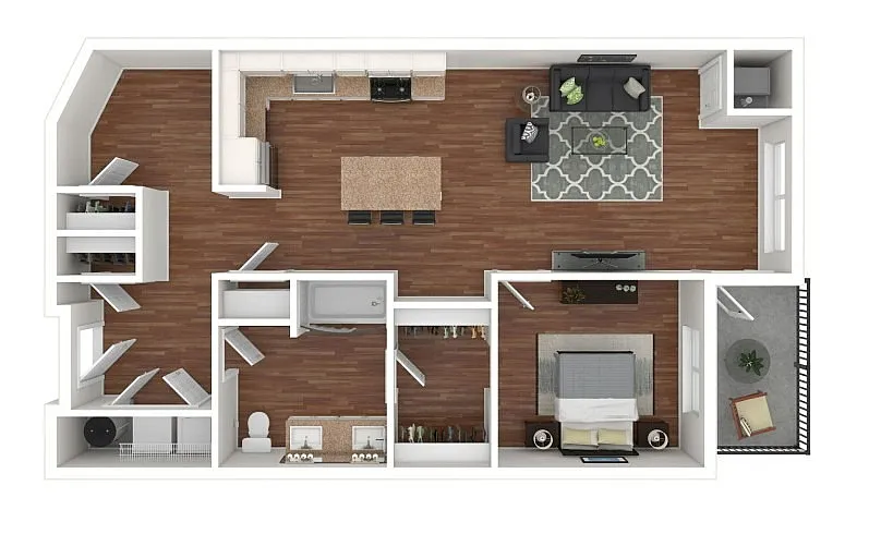Modern floor plan showcasing an open-concept kitchen, inviting living area, spacious bedroom, and elegant bathroom with hardwood floors.