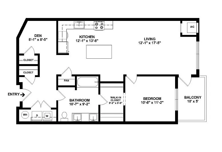 Modern apartment floor plan featuring a spacious living room, a stylish kitchen, a cozy den, a luxurious bedroom with a walk-in closet, and a private balcony.