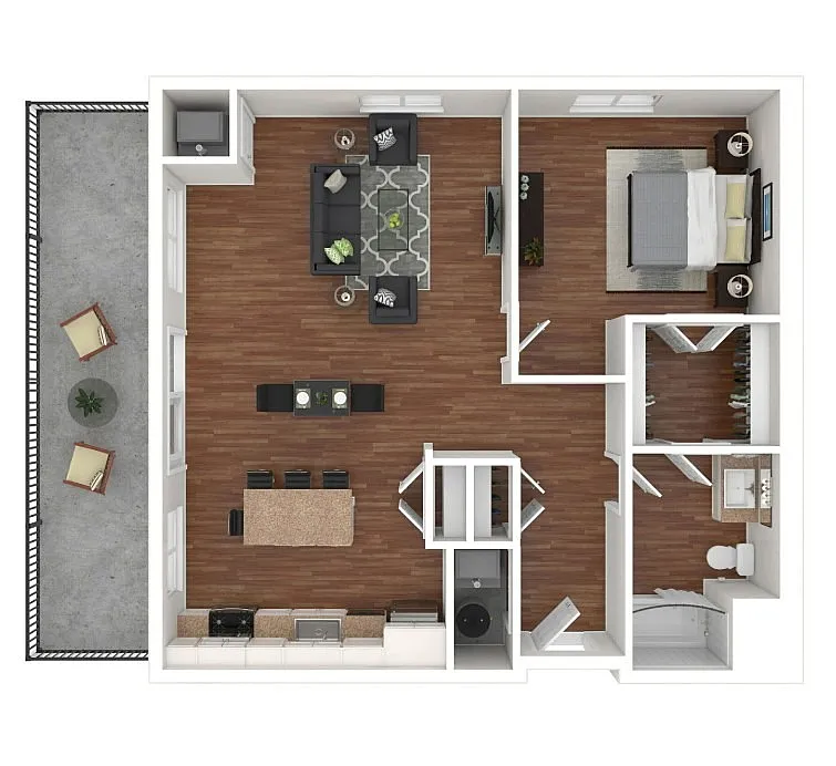 Elegant floor plan showcasing an open-concept living area with a modern kitchen, cozy bedroom, and inviting balcony space.
