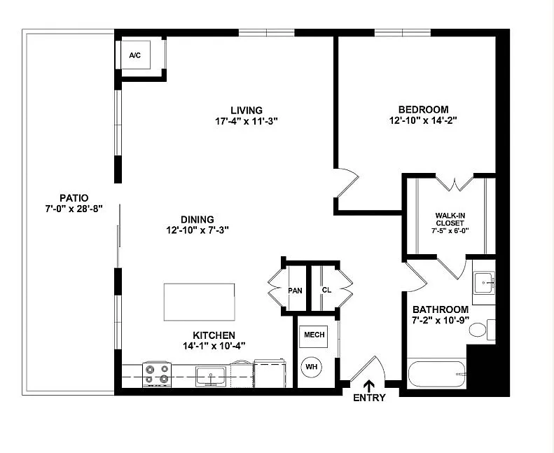 Modern floor plan showcasing 1 bedroom, spacious living area, and sleek kitchen with dining space, featuring a large patio for outdoor enjoyment.