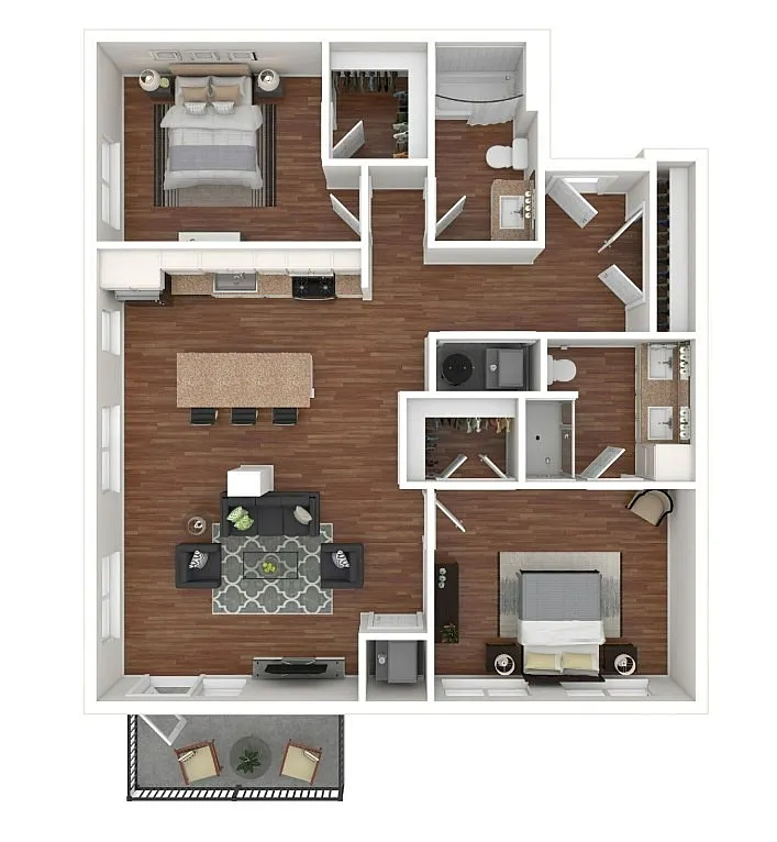Modern 3D floor plan showcasing 2 spacious bedrooms, an elegant open-concept living area, and a contemporary kitchen with an island. Includes two bathrooms, a cozy balcony, and stylish wood flooring throughout.