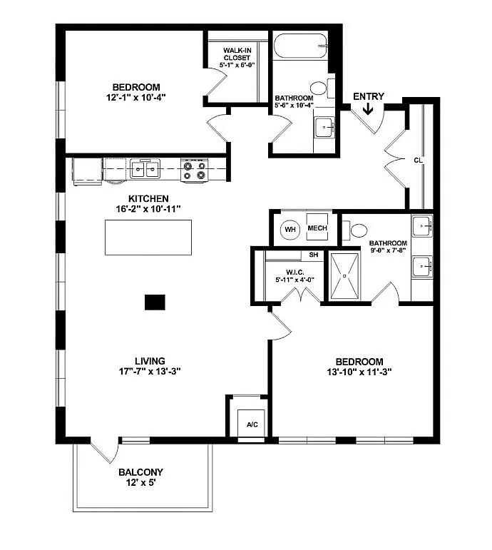 Modern floor plan showcasing 2 bedrooms, open kitchen, and expansive living area with balcony.