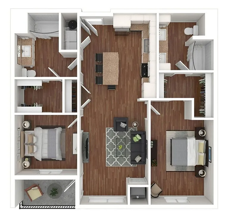 Modern 2D floor plan highlighting 2 spacious bedrooms, a stylish open-concept living and dining area, and a sleek kitchen design.