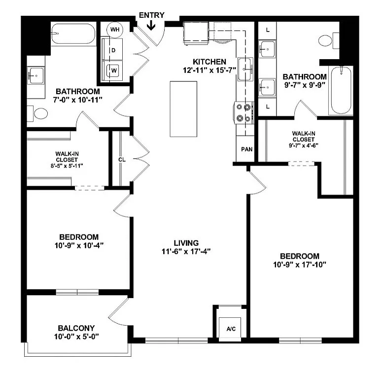 Chic floor plan showcasing 2 bedrooms, an elegant kitchen, spacious living area, 2 bathrooms, and a balcony retreat.