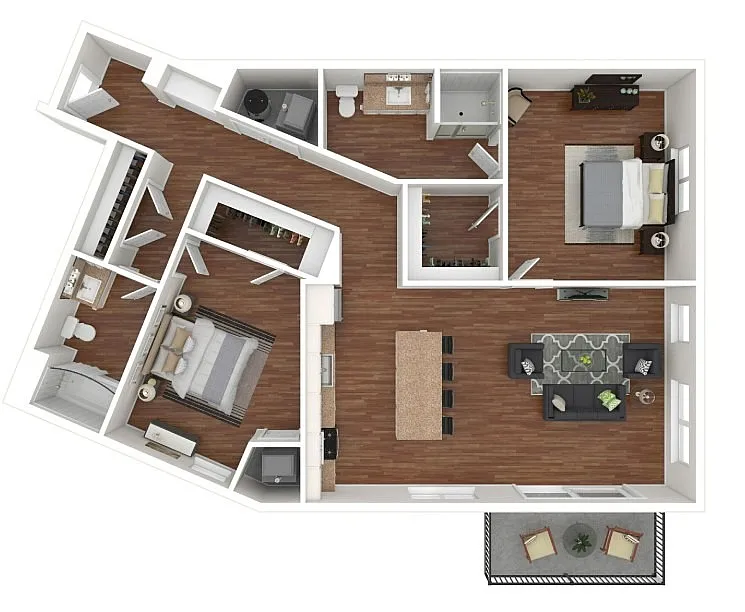 Elegant 3D floor plan featuring two spacious bedrooms, an open-concept living and dining area, modern kitchen, and two bathrooms, with hardwood flooring and a cozy balcony.