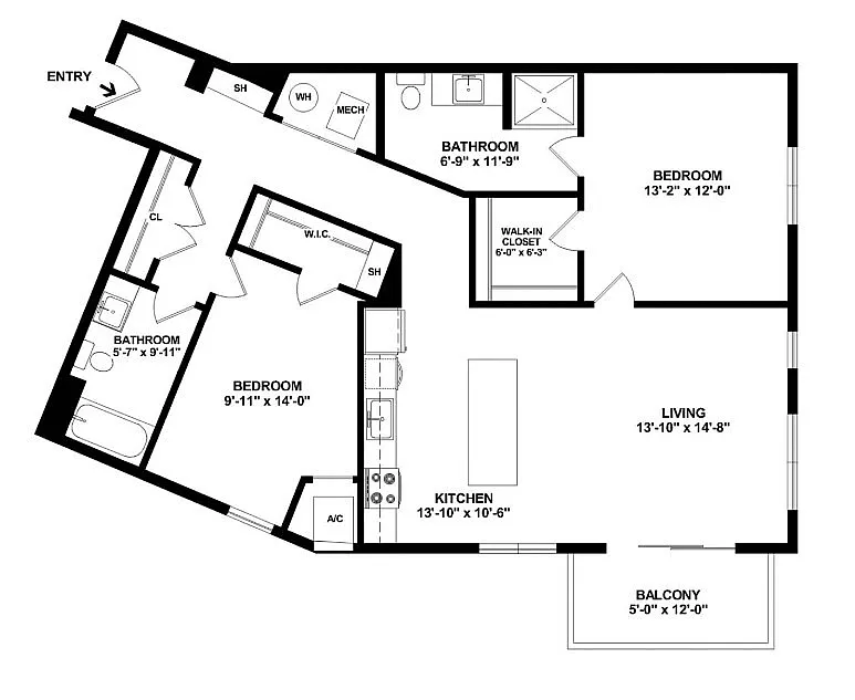 Contemporary floor plan showcasing 2 spacious bedrooms, modern kitchen, open living area, and inviting balcony.