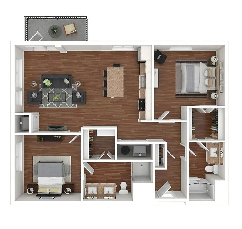 Modern apartment floor plan showcasing 2 bedrooms, open-concept living space, and a stylish kitchen with an island, complemented by two sleek bathrooms and a cozy patio area.