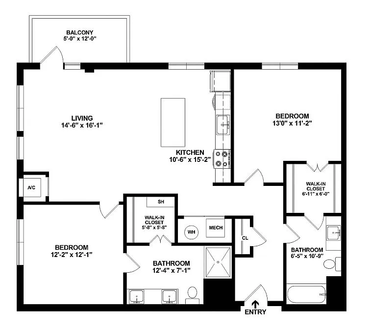 Chic floor plan featuring a spacious open-concept living room, modern kitchen with an island, 2 bedrooms with walk-in closets, 2 elegant bathrooms, and a private balcony for outdoor relaxation.