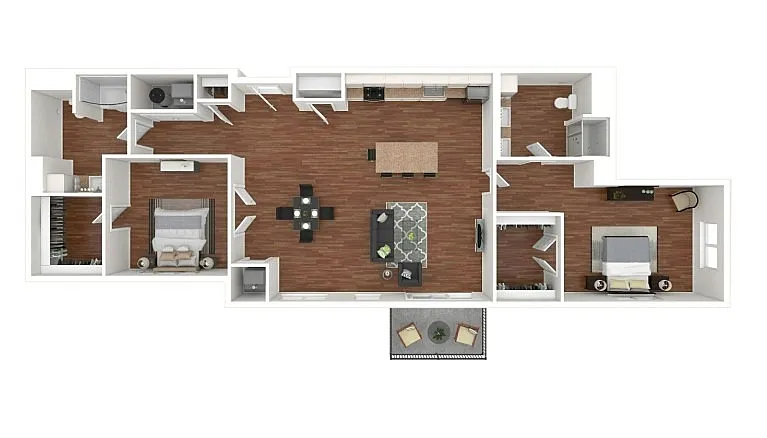 Contemporary open floor plan showcasing 2 bedrooms, a spacious living room, modern kitchen with island, and a cozy balcony view.