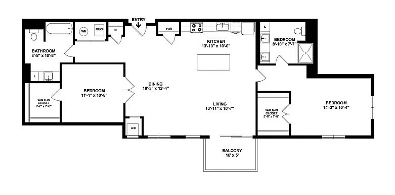 Modern floor plan featuring 3 spacious bedrooms, an open-concept kitchen and dining area, cozy living room, and a private balcony. Includes two walk-in closets for ample storage.