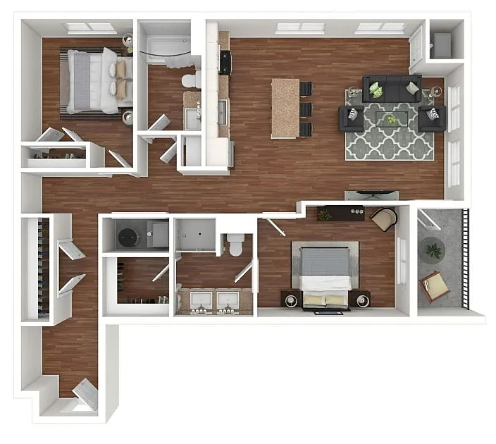 Contemporary 2D apartment floor plan showcasing two spacious bedrooms, open-concept living and dining area, and a modern kitchen.