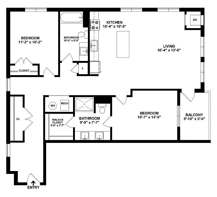 Inviting floor plan showcasing 2 spacious bedrooms, an open kitchen, and a cozy living area with attached balcony.