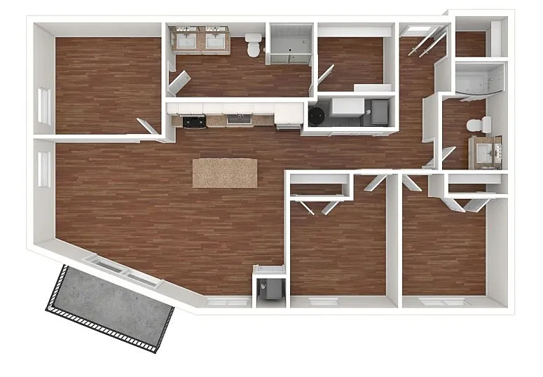 Modern 3D floor plan showcasing 3 bedrooms, an expansive open living area, premium kitchen, and two luxury bathrooms with elegant hardwood flooring throughout.