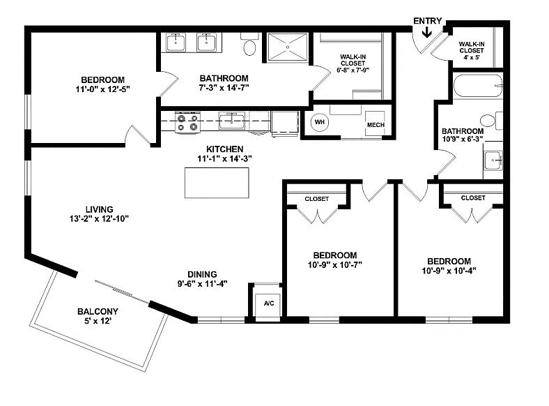 Modern floor plan featuring three bedrooms, two bathrooms, a spacious kitchen, open living and dining area, and a cozy balcony.