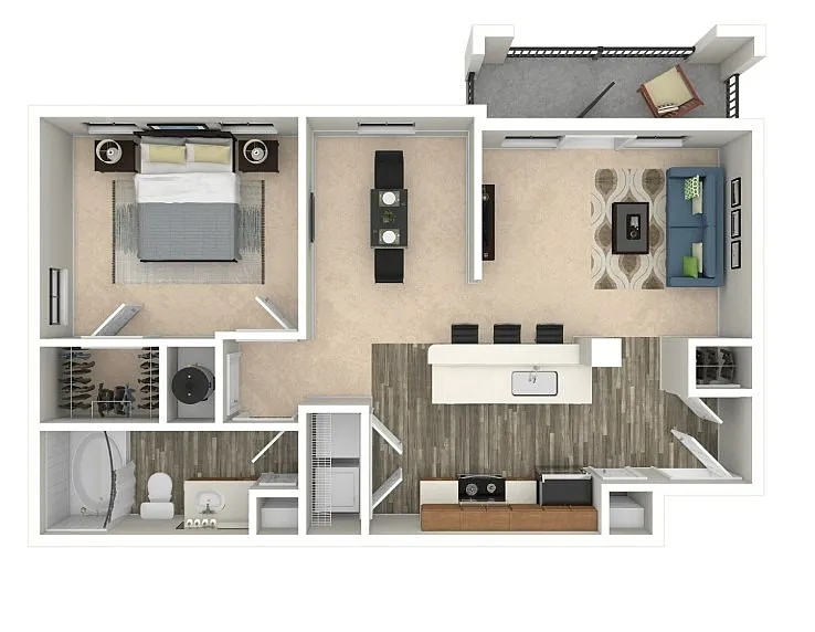 Elegant 2D floor plan showcasing a spacious layout with 1 bedroom, open-concept dining and living areas, modern kitchen with island, and a private balcony.