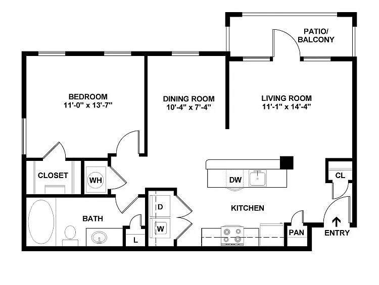 Modern floor plan featuring a spacious bedroom, cozy dining room, and open-concept living area with balcony access, ideal for stylish living.