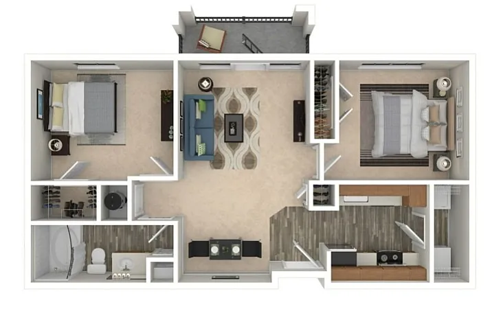Modern floor plan showcasing 2 spacious bedrooms, an elegant bathroom, a cozy living room, and a contemporary kitchen with an open dining area.