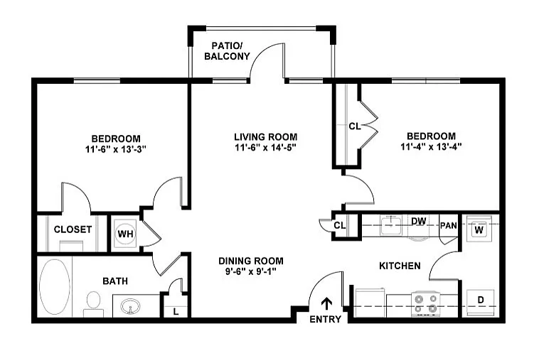 Elegant 2D floor plan detailing a 2-bedroom layout with a spacious living room, modern kitchen, and charming patio/balcony.