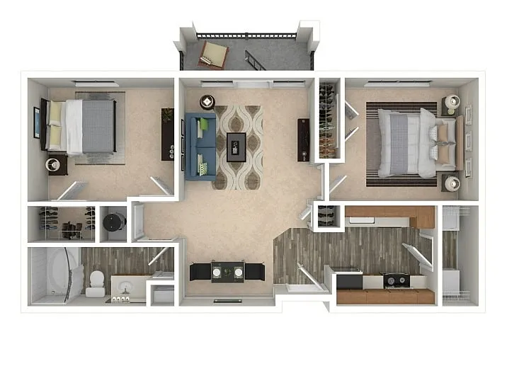 Modern 2D floor plan showcasing 2 bedrooms, a cozy living area, stylish kitchen, and private balcony.