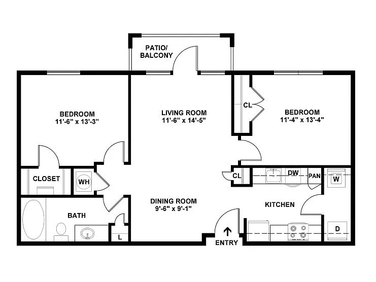 Modern 2-bedroom apartment floor plan featuring a spacious living room with access to patio, cozy kitchen with pantry, and a designated dining area.