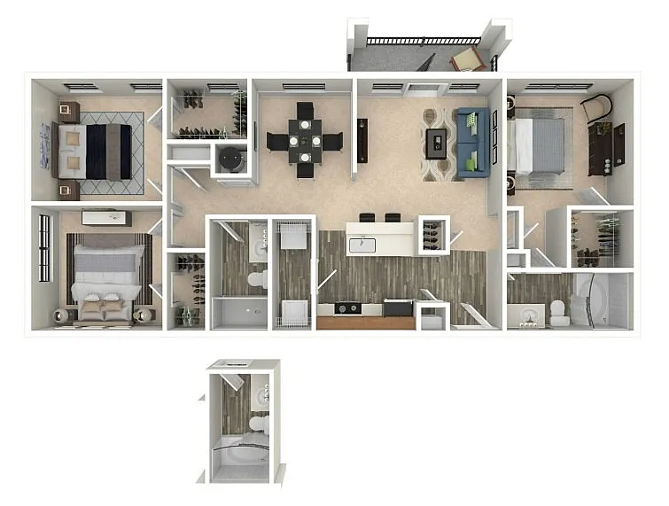 Modern 3D floor plan highlighting 3 spacious bedrooms, an elegant open-concept kitchen with bar seating, and a cozy living area with balcony access.