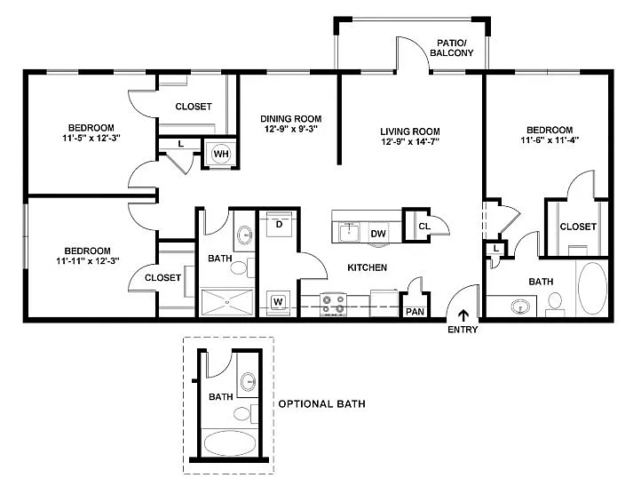 Spacious 2D floor plan featuring three bedrooms, two baths, an open living and dining area, and a functional kitchen with optional additional bath. Includes a patio/balcony for outdoor relaxation.