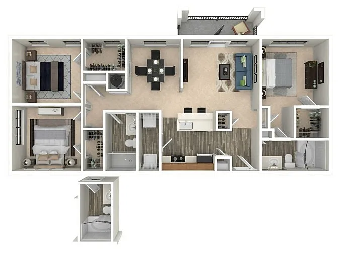 Contemporary 3D floor plan showcasing 3 bedrooms, open-concept living area, modern kitchen with breakfast bar, and two stylish bathrooms.