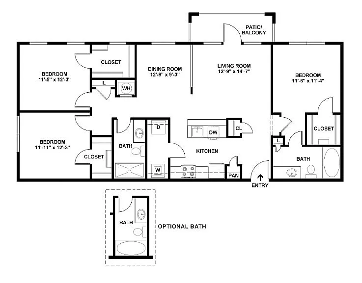 Modern floor plan showcasing 3 spacious bedrooms, open-concept living and dining area, a well-equipped kitchen, 2 baths, and a patio/balcony.
