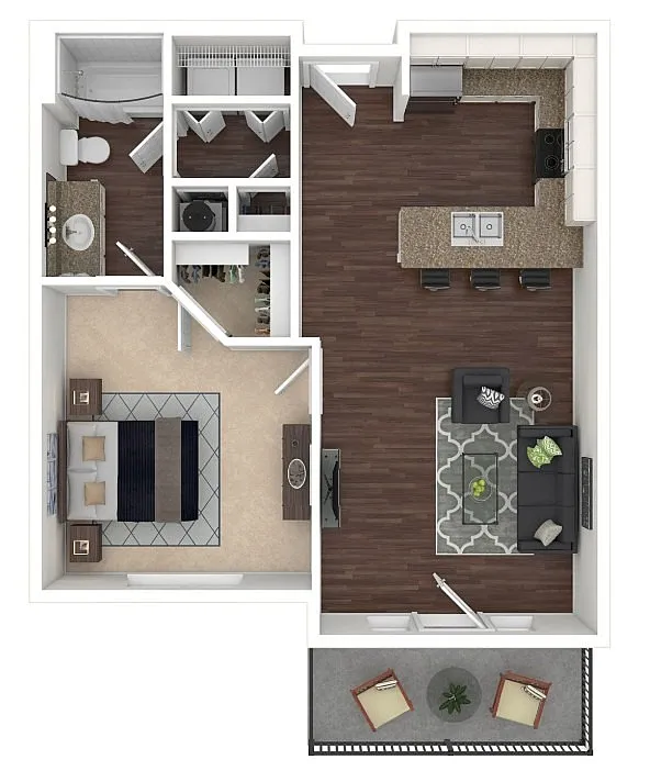 Stylish floor plan featuring a spacious bedroom with large closet, luxurious bathroom, and open-concept living area with modern kitchen and island bar. Includes a cozy balcony for outdoor relaxation.