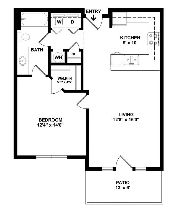 Modern floor plan showcasing a spacious 1-bedroom apartment with open-concept kitchen, inviting living area, and a charming patio.