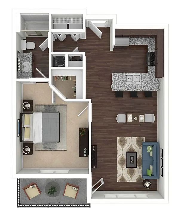 Modern floor plan showcasing a spacious one-bedroom apartment with an open-concept kitchen and living area, elegant dining space, and private balcony.