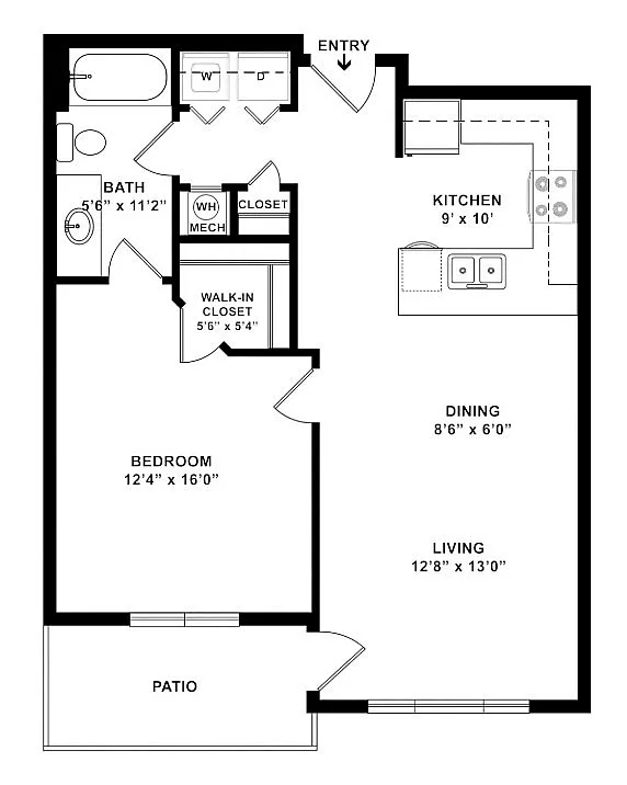 Modern 1-bedroom apartment floor plan featuring a spacious living area, dining room, well-equipped kitchen, and private patio.
