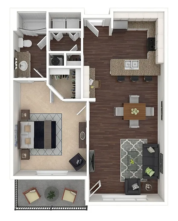 Chic 1-bedroom apartment floor plan featuring an open kitchen with island, cozy living area, spacious bedroom with walk-in closet, elegant bathroom, and private balcony.