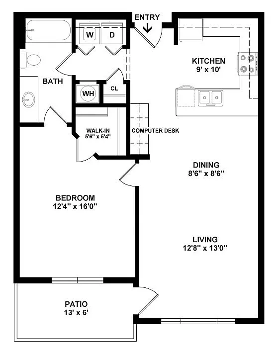 Modern floor plan showcasing 1 bedroom, spacious living room, dining area, and a kitchen with a computer desk. Includes a walk-in closet, bathroom, laundry nook, and a patio, all efficiently designed for comfort.