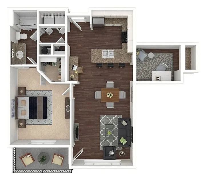 Modern apartment floor plan showcasing one bedroom, sleek kitchen with an island, cozy living area, and private balcony with seating.