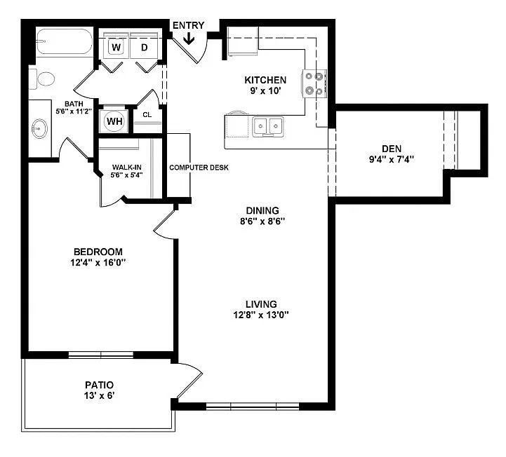Spacious floor plan featuring 1 bedroom, large living area, modern kitchen, cozy den, and private patio.
