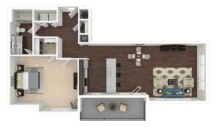 Modern floor plan showcasing a spacious one-bedroom layout with an open-concept living and dining area, stylish kitchen with island bar, and a cozy balcony for relaxation.