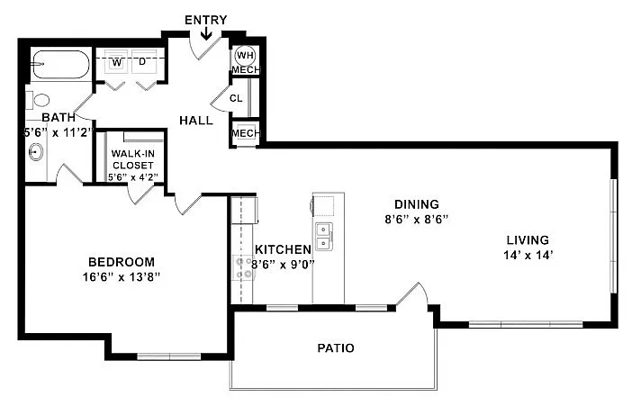 Inviting floor plan showcasing 1 bedroom, a modern kitchen, cozy dining area, spacious living room, and an expansive patio.