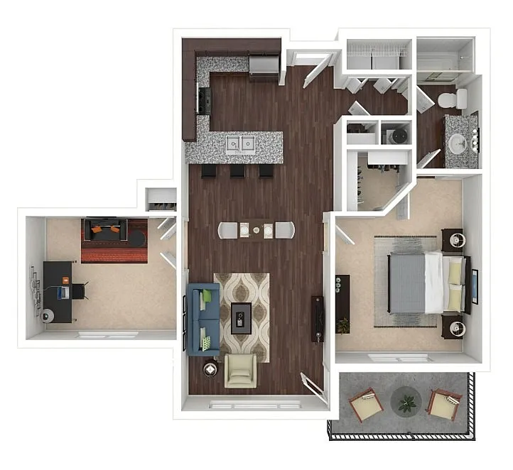 Contemporary 3D floor plan showcasing a spacious open-concept living area, stylish kitchen with island, cozy bedroom, elegant bathroom, and private balcony.