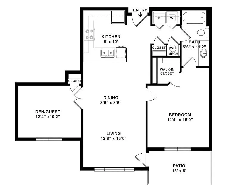Modern floor plan featuring a spacious bedroom, convenient den or guest room, open-concept dining and living area, stylish kitchen, and inviting patio.