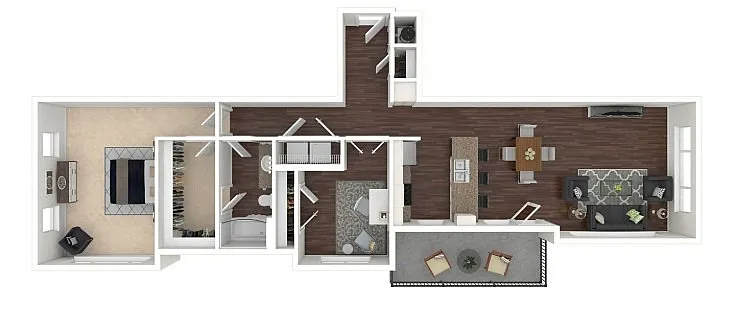 Contemporary 3D floor plan showcasing 3 bedrooms, a modern kitchen with island, spacious living and dining areas, and a comfortable balcony for outdoor relaxation.