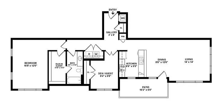 Charming floor plan showcasing a spacious bedroom with walk-in closet, airy living and dining area, modern kitchen, and a cozy patio.