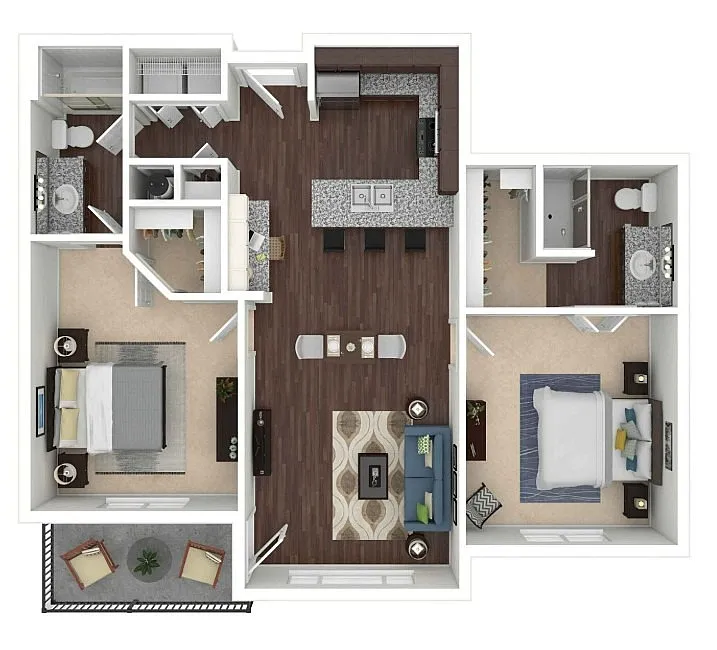 Modern 2D floor plan showcasing 2 spacious bedrooms, open-concept kitchen with island, stylish living area, and private balcony seating.