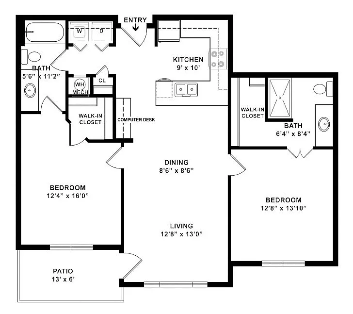 Modern floor plan featuring 2 spacious bedrooms, an open living-dining area, and a sleek kitchen with a computer desk. Includes patio access and dual walk-in closets.