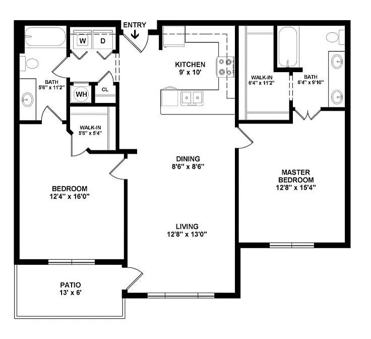 Inviting floor plan featuring 2 spacious bedrooms, modern kitchen, cozy living and dining areas, and a charming patio.